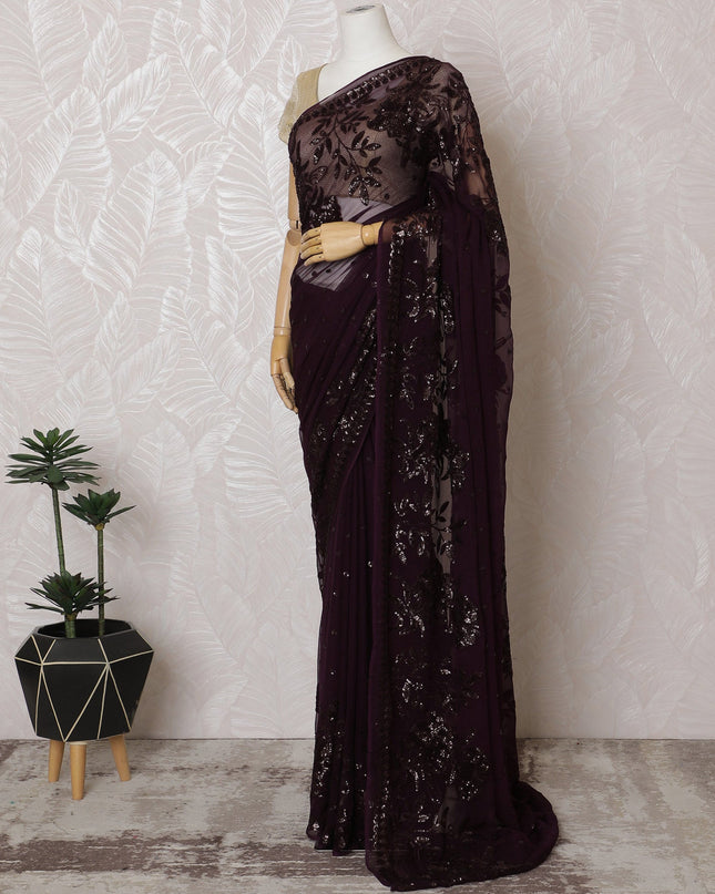 Elegant Deep Plum Silk Chiffon Saree with Intricate Embroidery-110 cm Width, 5.5 Meters-D19473