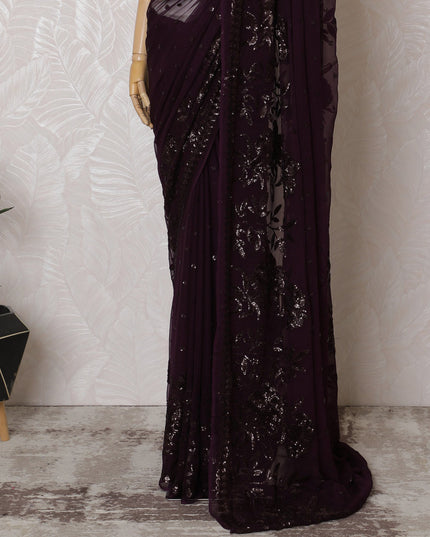 Elegant Deep Plum Silk Chiffon Saree with Intricate Embroidery-110 cm Width, 5.5 Meters-D19473