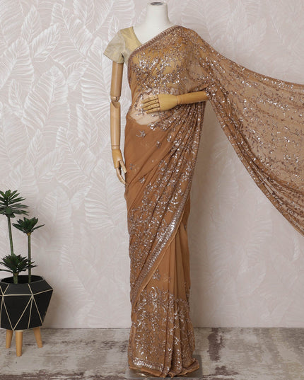 Elegant Champagne Gold Silk Chiffon Saree with Sequin Embroidery,110 cm Width, 5.5 Meters Piece-D19474