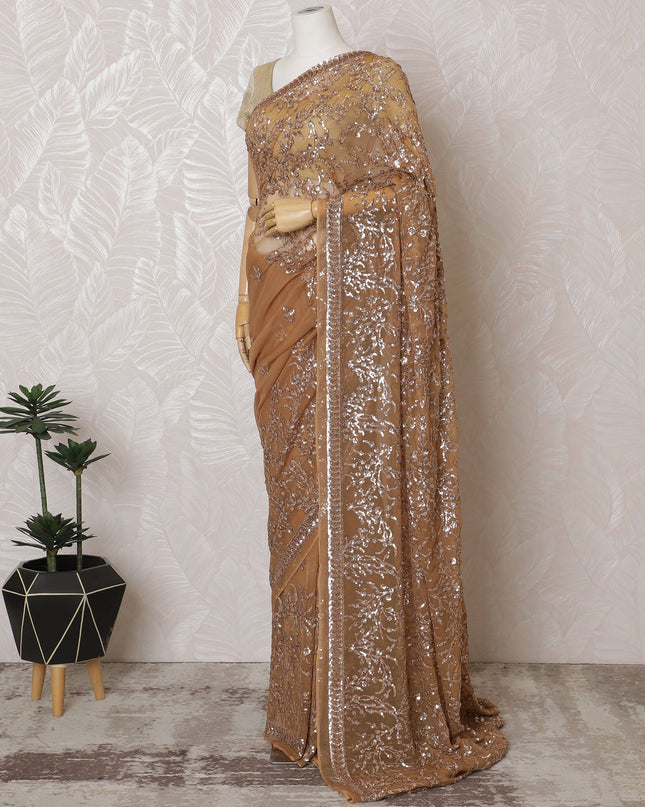 Elegant Champagne Gold Silk Chiffon Saree with Sequin Embroidery,110 cm Width, 5.5 Meters Piece-D19474