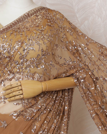 Elegant Champagne Gold Silk Chiffon Saree with Sequin Embroidery,110 cm Width, 5.5 Meters Piece-D19474