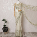 ساري شيفون حريري عاجي أنيق مع تطريز ذهبي، عرض 110 سم، قطعة 5.5 متر-D19475