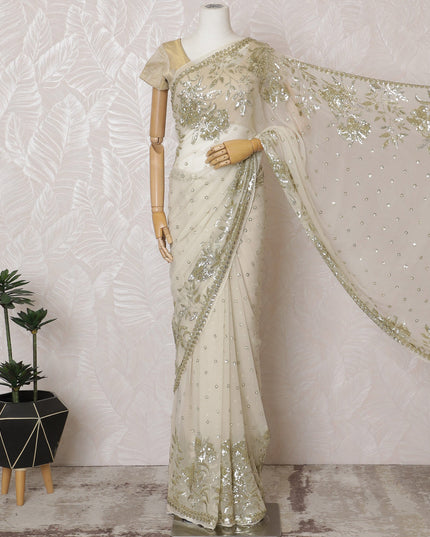 Elegant Ivory Silk Chiffon Saree with Gold Embroidery,110 cm Width, 5.5 Meters Piece-D19475