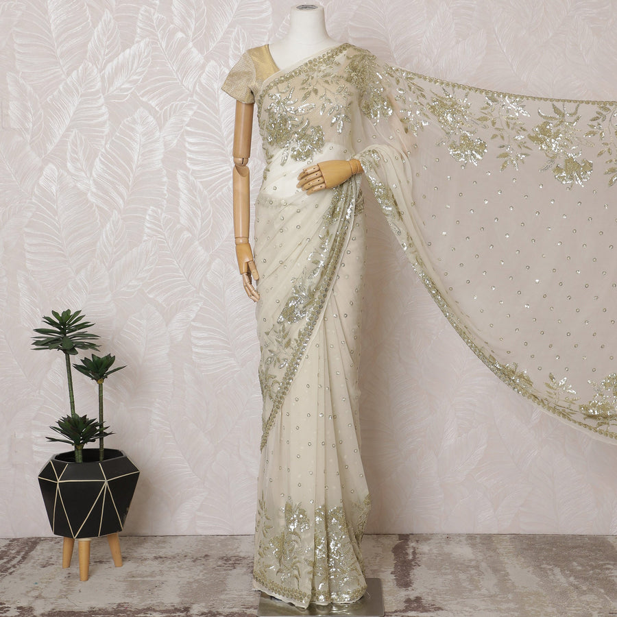 ساري شيفون حريري عاجي أنيق مع تطريز ذهبي، عرض 110 سم، قطعة 5.5 متر-D19475