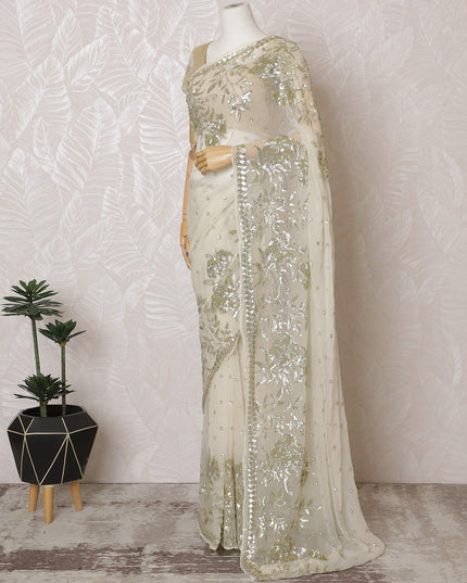 Elegant Ivory Silk Chiffon Saree with Gold Embroidery,110 cm Width, 5.5 Meters Piece-D19475