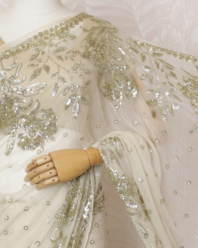 Elegant Ivory Silk Chiffon Saree with Gold Embroidery,110 cm Width, 5.5 Meters Piece-D19475