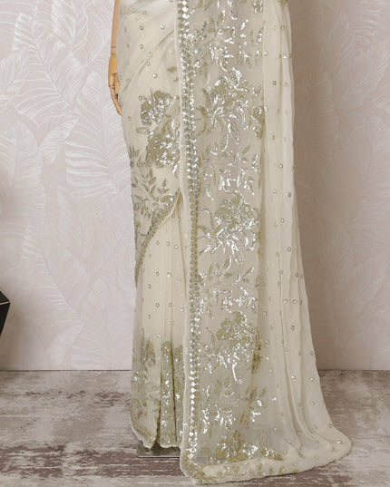 Elegant Ivory Silk Chiffon Saree with Gold Embroidery,110 cm Width, 5.5 Meters Piece-D19475