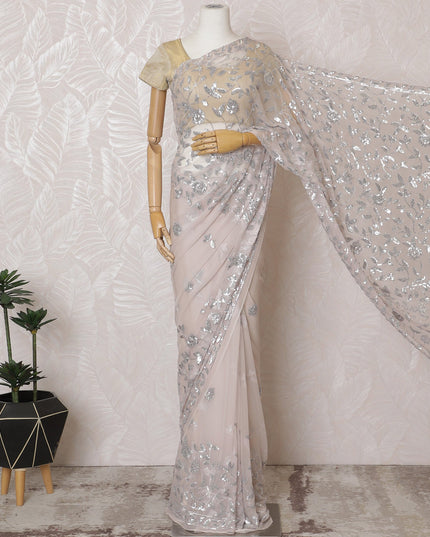 Elegant Blush Pink Silk Chiffon Saree with Silver Embroidery,110 cm Width, 5.5 Meters Piece-D19476