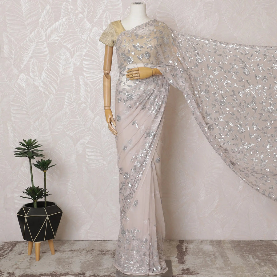Elegant Blush Pink Silk Chiffon Saree with Silver Embroidery,110 cm Width, 5.5 Meters Piece-D19476 Regal Fabrics