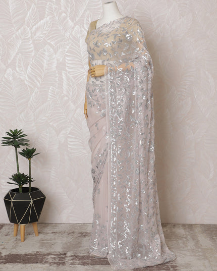 Elegant Blush Pink Silk Chiffon Saree with Silver Embroidery,110 cm Width, 5.5 Meters Piece-D19476