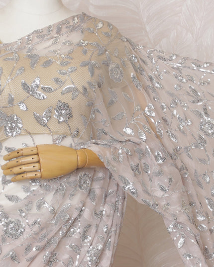 Elegant Blush Pink Silk Chiffon Saree with Silver Embroidery,110 cm Width, 5.5 Meters Piece-D19476