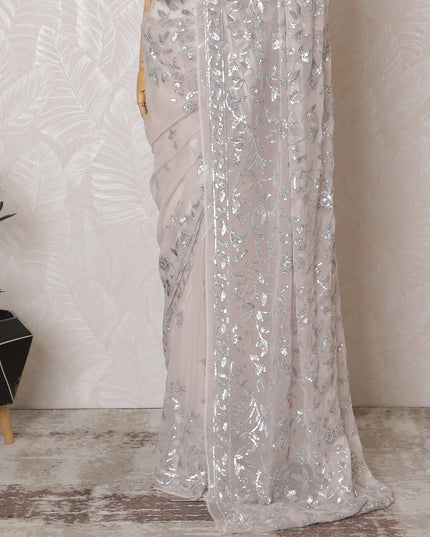 Elegant Blush Pink Silk Chiffon Saree with Silver Embroidery,110 cm Width, 5.5 Meters Piece-D19476