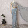 Elegant Sky Blue Silk Chiffon Saree with Silver Embroidery,110 cm Width, 5.5 Meters Piece-D19477