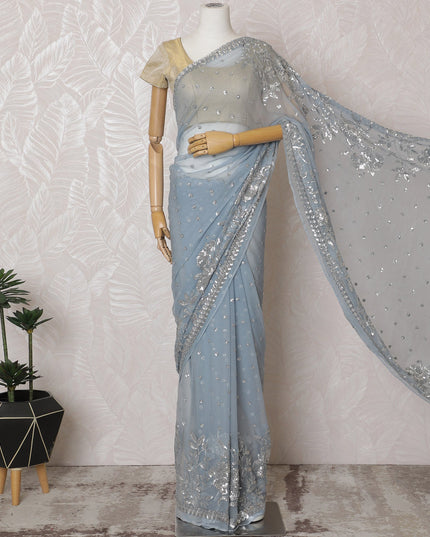 Elegant Sky Blue Silk Chiffon Saree with Silver Embroidery,110 cm Width, 5.5 Meters Piece-D19477