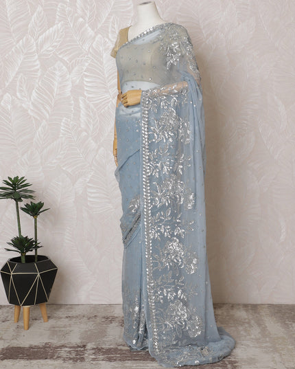 Elegant Sky Blue Silk Chiffon Saree with Silver Embroidery,110 cm Width, 5.5 Meters Piece-D19477