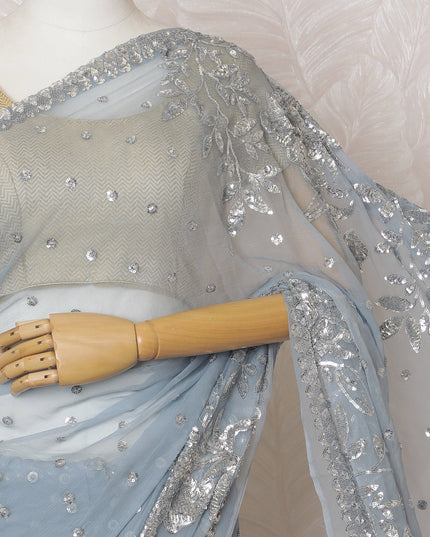 Elegant Sky Blue Silk Chiffon Saree with Silver Embroidery,110 cm Width, 5.5 Meters Piece-D19477