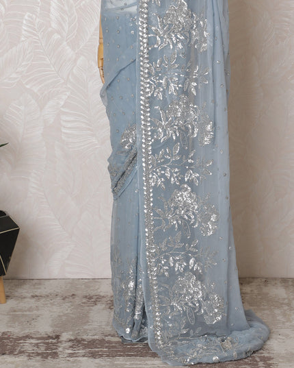 Elegant Sky Blue Silk Chiffon Saree with Silver Embroidery,110 cm Width, 5.5 Meters Piece-D19477