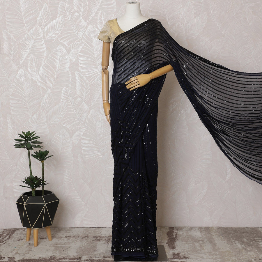 ساري شيفون حريري أنيق باللون الأزرق الداكن مع تطريز بالترتر الأسود، عرض 110 سم، قطعة 5.5 متر-D19478