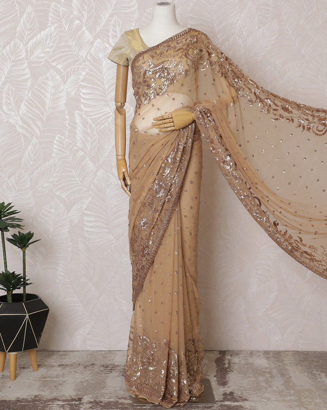 Elegant Beige Silk Chiffon Saree with Rose Gold Embroidery,110 cm Width, 5.5 Meters Piece-D19479