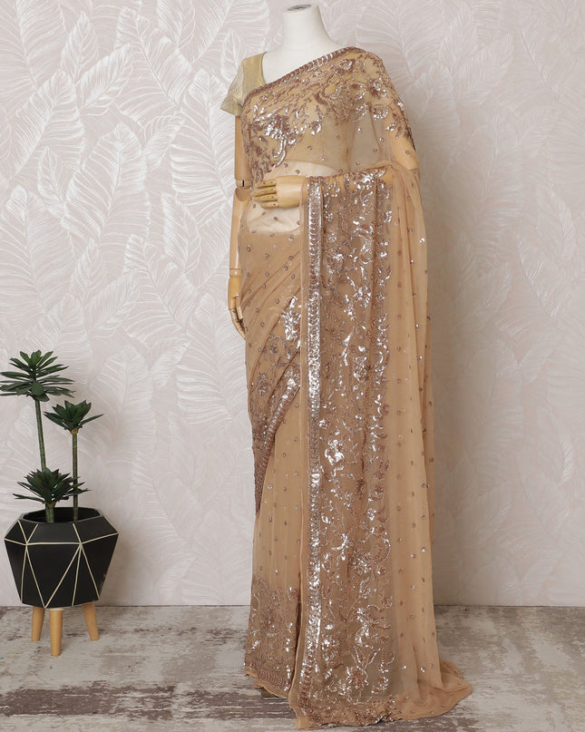 Elegant Beige Silk Chiffon Saree with Rose Gold Embroidery,110 cm Width, 5.5 Meters Piece-D19479