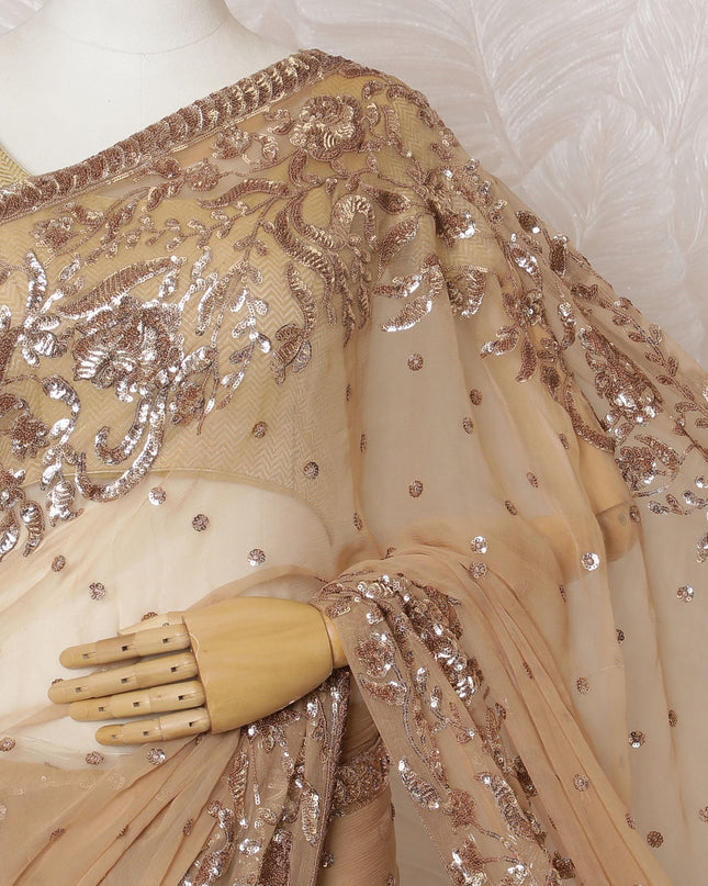 Elegant Beige Silk Chiffon Saree with Rose Gold Embroidery,110 cm Width, 5.5 Meters Piece-D19479