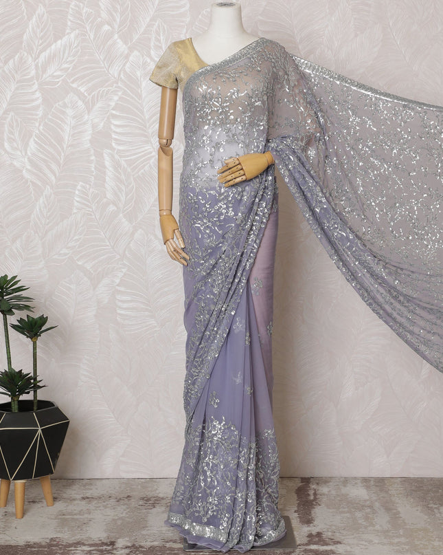 Elegant Lavender Silk Chiffon Saree with Silver Embroidery,110 cm Width, 5.5 Meters Piece-D19480 Regal Fabrics