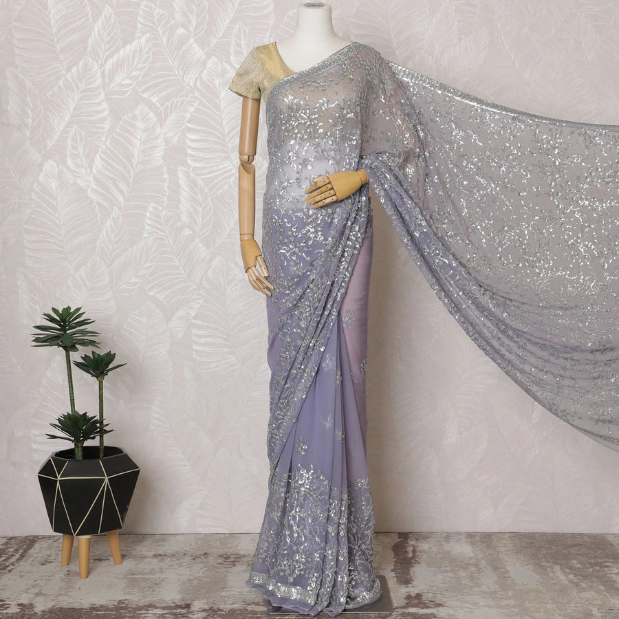 Elegant Lavender Silk Chiffon Saree with Silver Embroidery,110 cm Width, 5.5 Meters Piece-D19480 Regal Fabrics