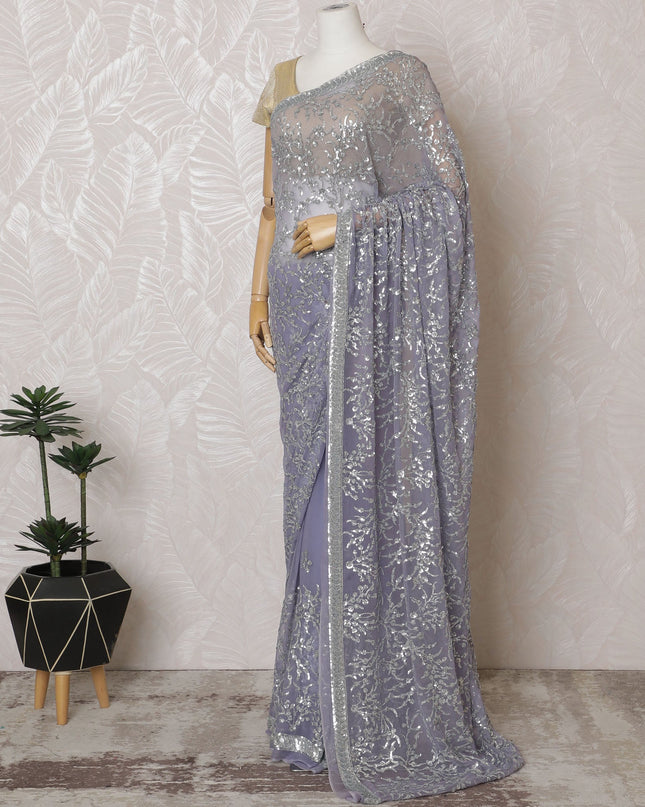 Elegant Lavender Silk Chiffon Saree with Silver Embroidery,110 cm Width, 5.5 Meters Piece-D19480 Regal Fabrics