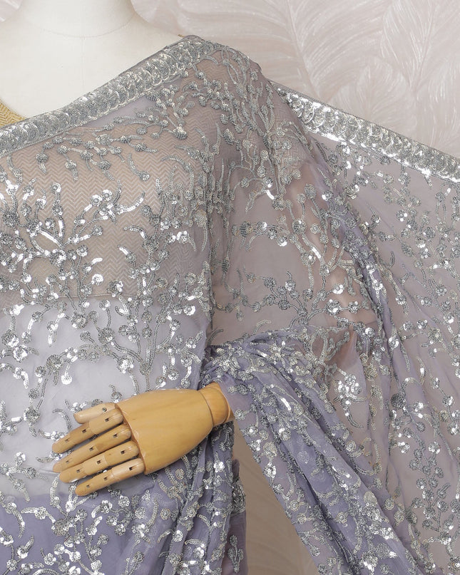 Elegant Lavender Silk Chiffon Saree with Silver Embroidery,110 cm Width, 5.5 Meters Piece-D19480 Regal Fabrics