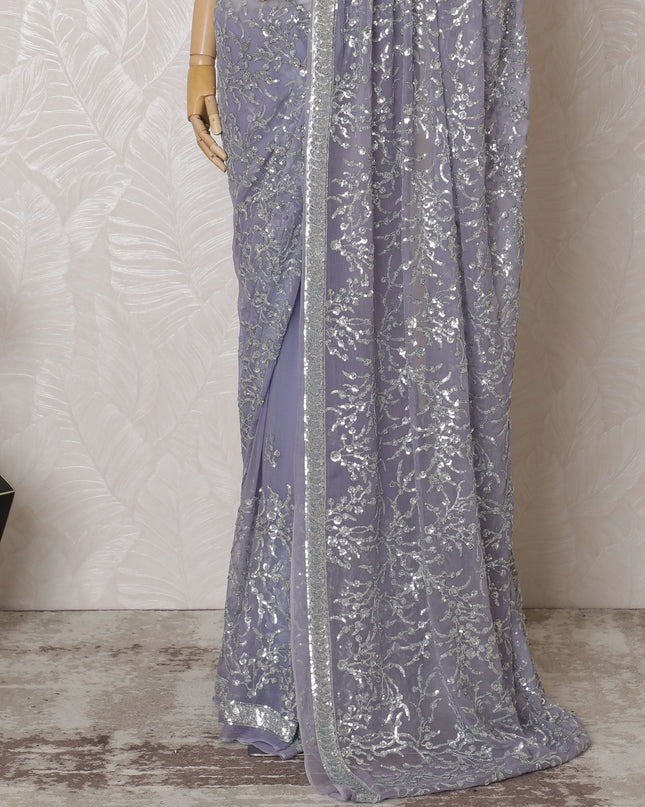 Elegant Lavender Silk Chiffon Saree with Silver Embroidery,110 cm Width, 5.5 Meters Piece-D19480 Regal Fabrics
