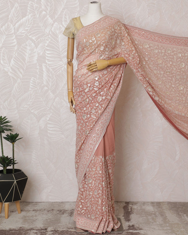 Elegant Peach Georgette Chiffon Saree with White Embroidery,110 cm Width, 5.5 Meters Piece-D19481 Regal Fabrics