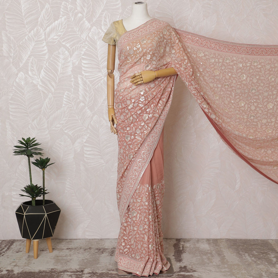 Elegant Peach Georgette Chiffon Saree with White Embroidery,110 cm Width, 5.5 Meters Piece-D19481