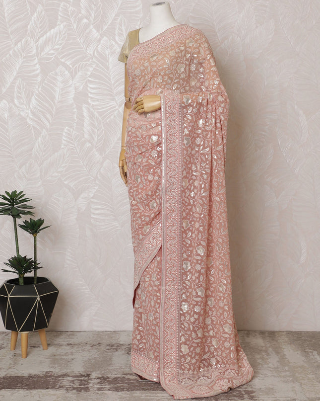 Elegant Peach Georgette Chiffon Saree with White Embroidery,110 cm Width, 5.5 Meters Piece-D19481 Regal Fabrics