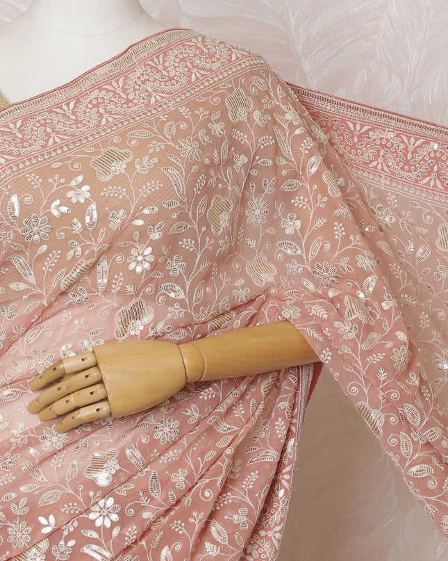 Elegant Peach Georgette Chiffon Saree with White Embroidery,110 cm Width, 5.5 Meters Piece-D19481 Regal Fabrics