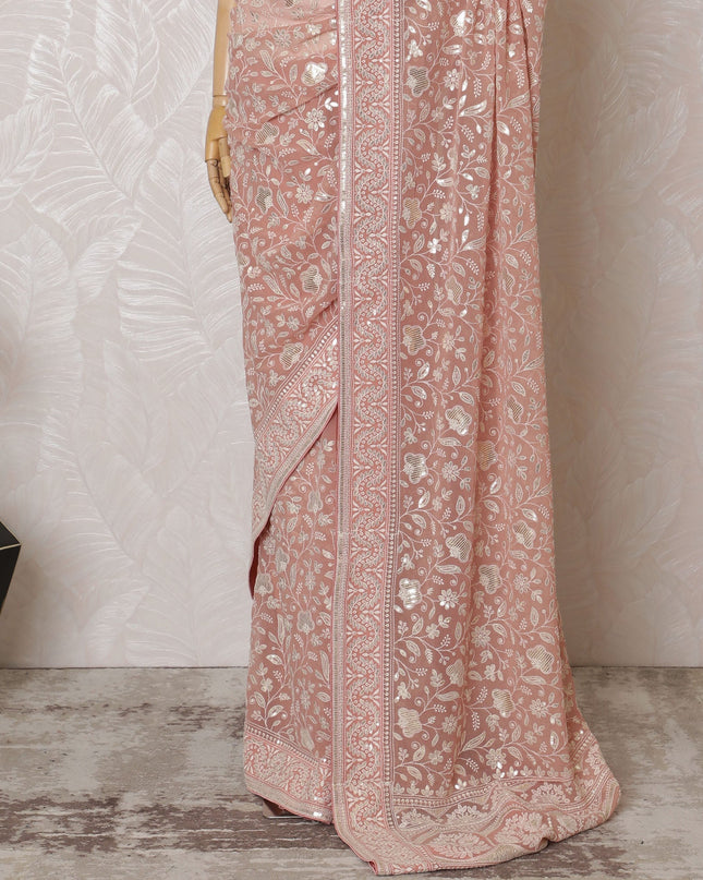 Elegant Peach Georgette Chiffon Saree with White Embroidery,110 cm Width, 5.5 Meters Piece-D19481 Regal Fabrics