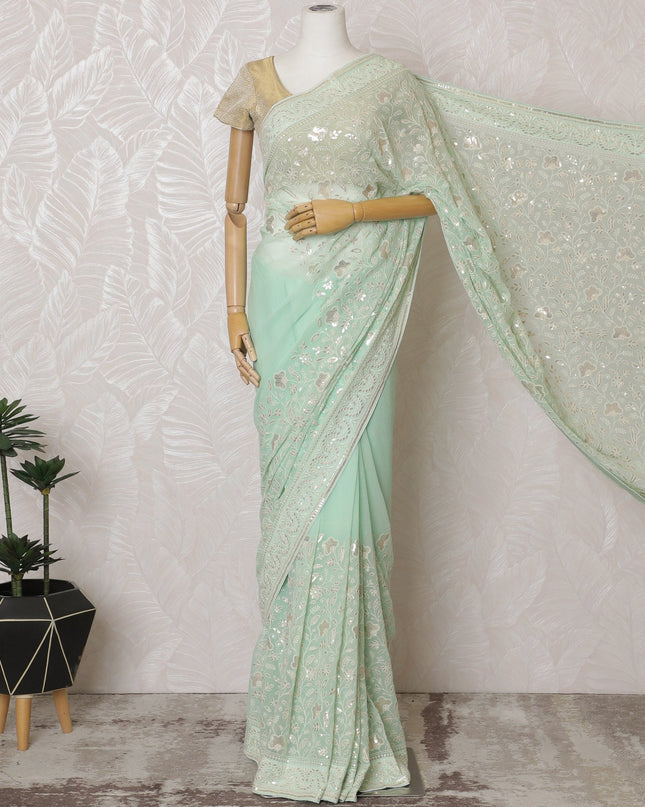 Elegant Mint Green Georgette Chiffon Saree with White Embroidery,110 cm Width, 5.5 Meters Piece-D19482