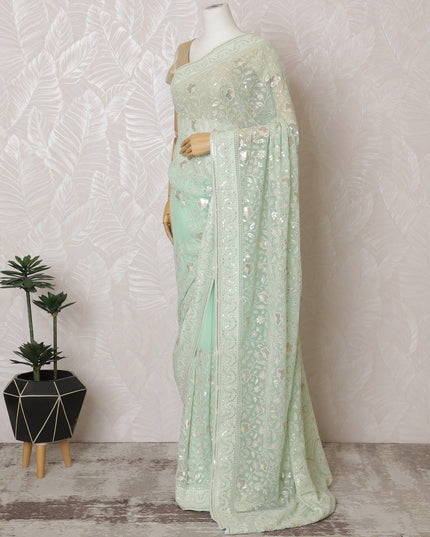 Elegant Mint Green Georgette Chiffon Saree with White Embroidery,110 cm Width, 5.5 Meters Piece-D19482