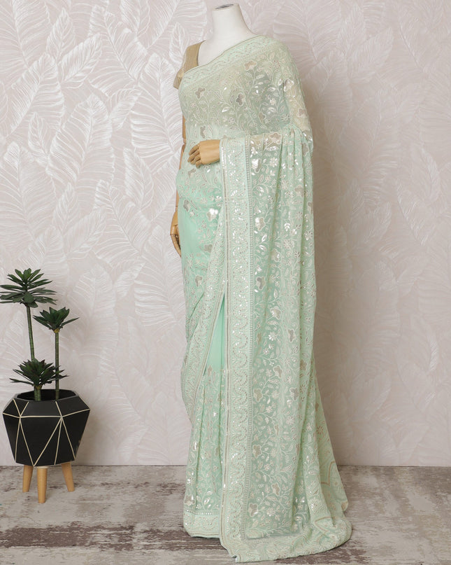 Elegant Mint Green Georgette Chiffon Saree with White Embroidery,110 cm Width, 5.5 Meters Piece-D19482