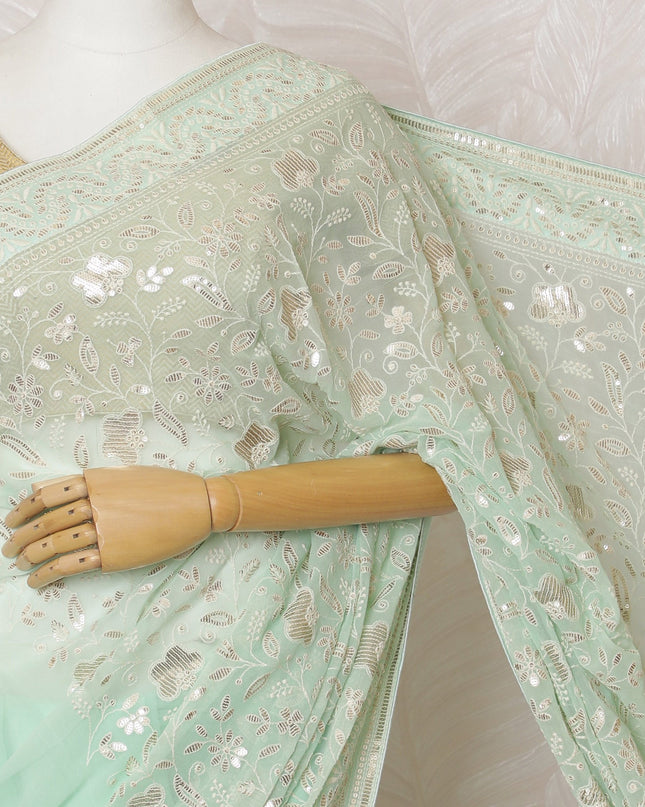 Elegant Mint Green Georgette Chiffon Saree with White Embroidery,110 cm Width, 5.5 Meters Piece-D19482