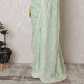 Elegant Mint Green Georgette Chiffon Saree with White Embroidery,110 cm Width, 5.5 Meters Piece-D19482