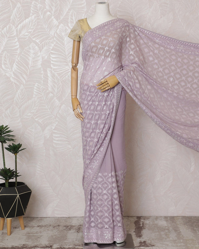 Elegant Lilac Georgette Chiffon Saree with White Embroidery,110 cm Width, 5.5 Meters Piece-D19483