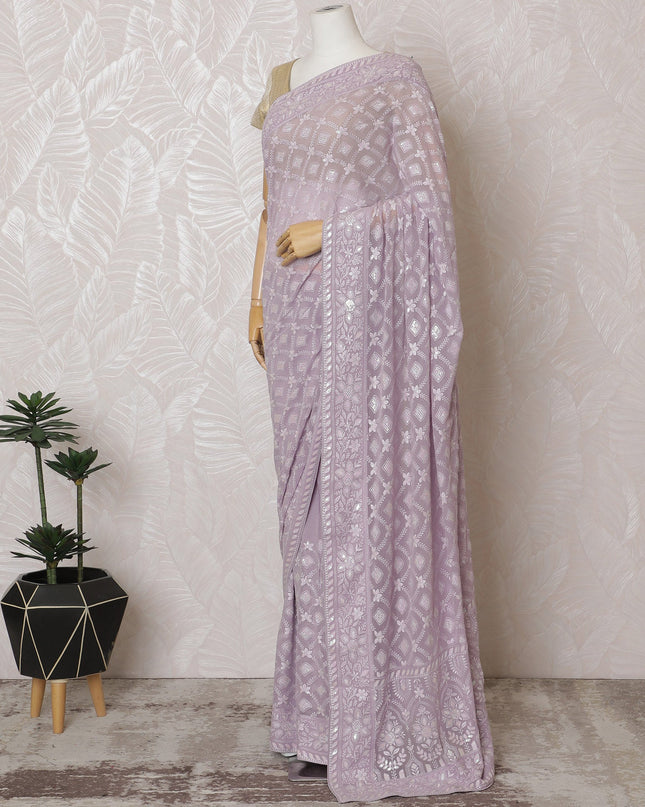 Elegant Lilac Georgette Chiffon Saree with White Embroidery,110 cm Width, 5.5 Meters Piece-D19483