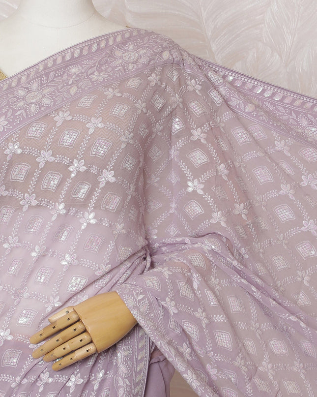 Elegant Lilac Georgette Chiffon Saree with White Embroidery,110 cm Width, 5.5 Meters Piece-D19483