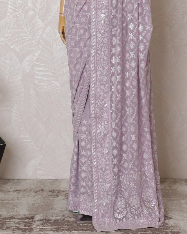 Elegant Lilac Georgette Chiffon Saree with White Embroidery,110 cm Width, 5.5 Meters Piece-D19483