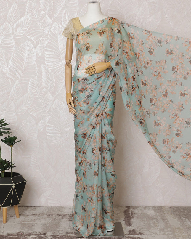 Elegant Mint Green Floral Silk Chiffon Saree,110 cm Width, 5.5 Meters Piece-D19484