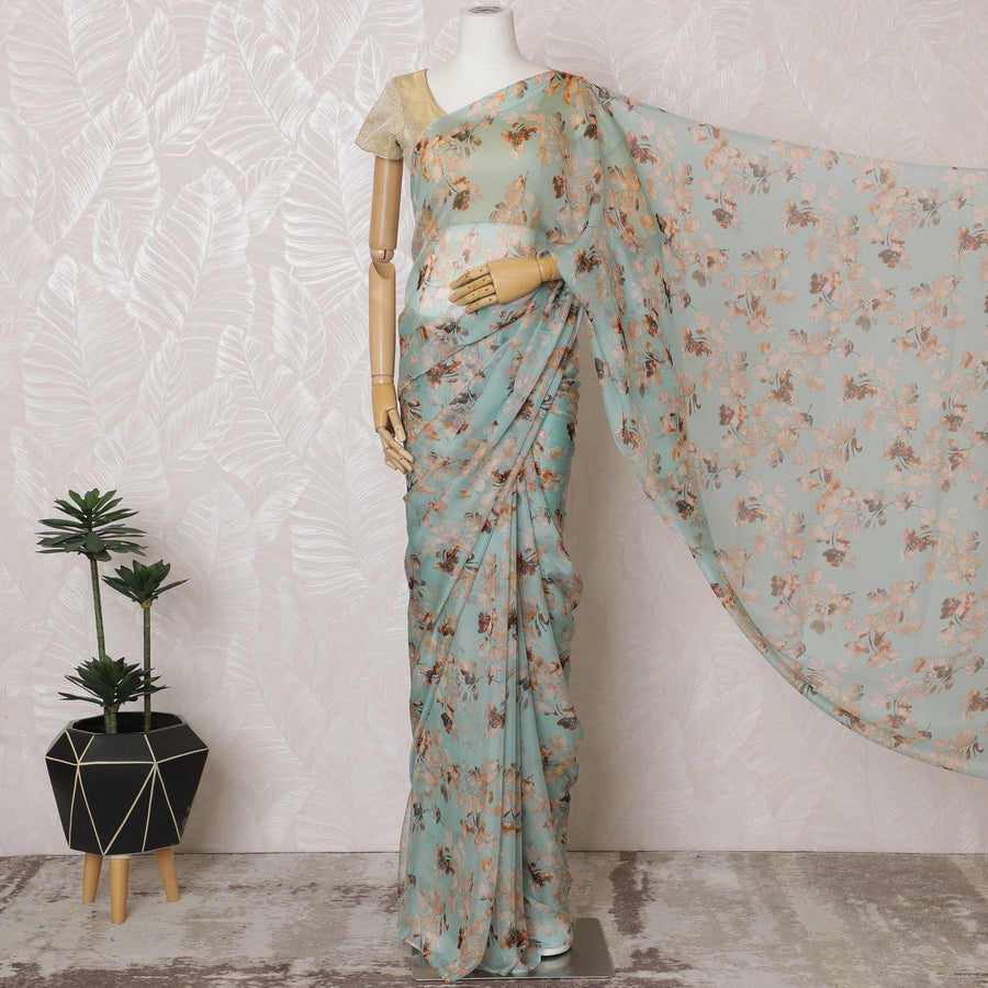 Elegant Mint Green Floral Silk Chiffon Saree,110 cm Width, 5.5 Meters Piece-D19484