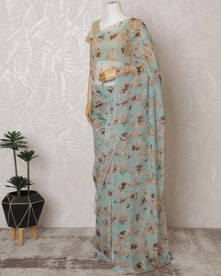 Elegant Mint Green Floral Silk Chiffon Saree,110 cm Width, 5.5 Meters Piece-D19484