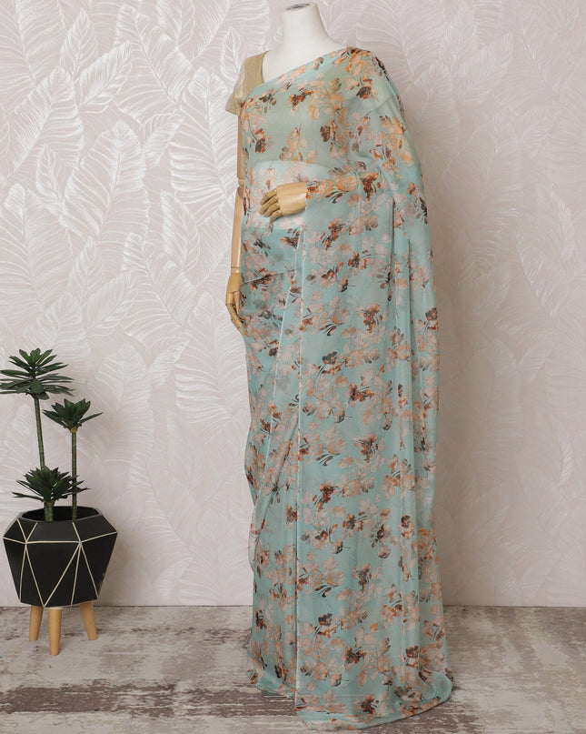 Elegant Mint Green Floral Silk Chiffon Saree,110 cm Width, 5.5 Meters Piece-D19484