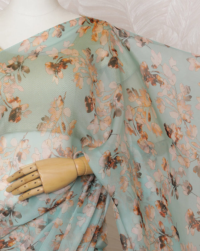 Elegant Mint Green Floral Silk Chiffon Saree,110 cm Width, 5.5 Meters Piece-D19484