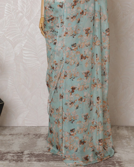 Elegant Mint Green Floral Silk Chiffon Saree,110 cm Width, 5.5 Meters Piece-D19484